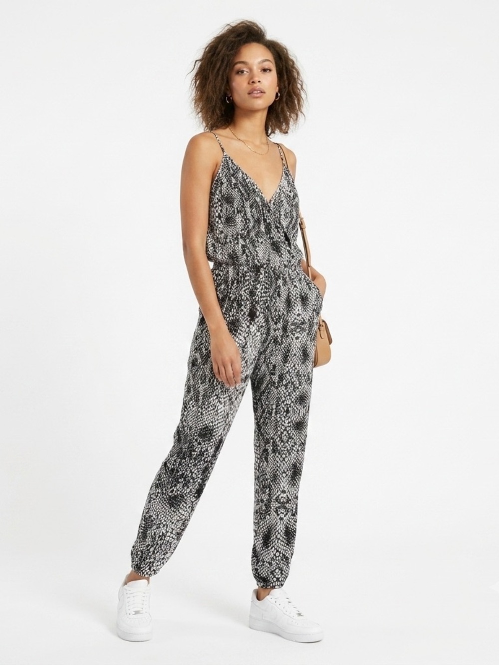 PARKER Jumpsuit Surplice V-Neck Pockets Silk Snake Print Black White M